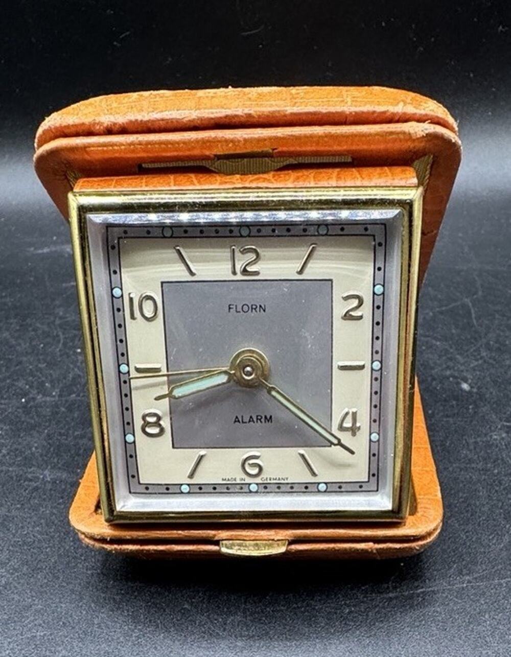 Vtg FLORN Germany Wind Up 7 Jewel Travel Alarm Clock Leather Case Working -A96